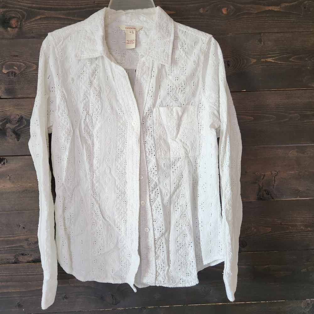 SUNDANCE Womens 8 WHITE Eyelet Embroidered Cotton Blouse Button Up‎